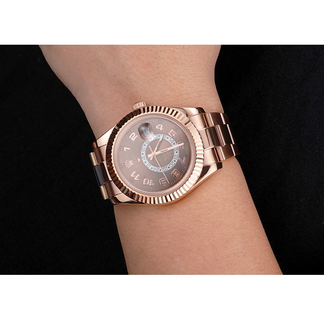 Rolex copies cheap Ad Rolex Case Gold Sky Rose Dial Bracelet Dweller Brown 0618